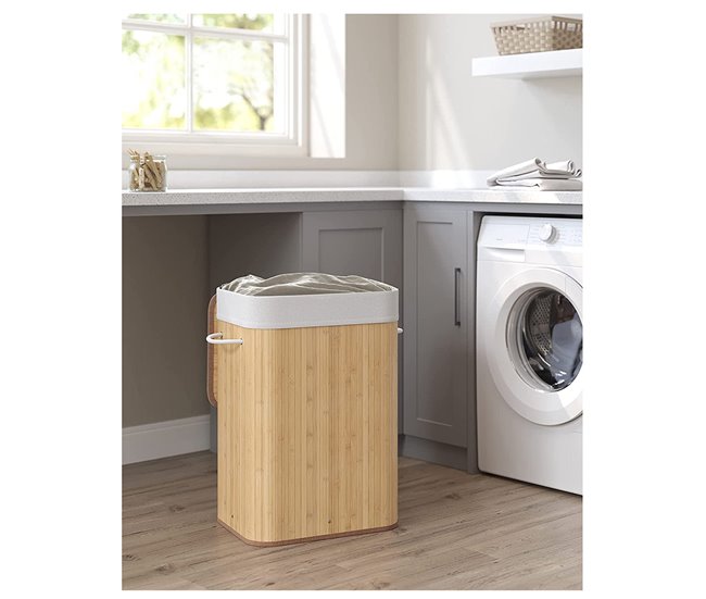 Conforama Acomoda Textil – Cesta De Bambú Plegable Con Tapa Y Asas Para Lavandería 60l De Capacidad. Cesto Grande Organizador Para La Ropa Con Bolsa Extraíble Y Lavable Color Madera 40x30x50 Cm