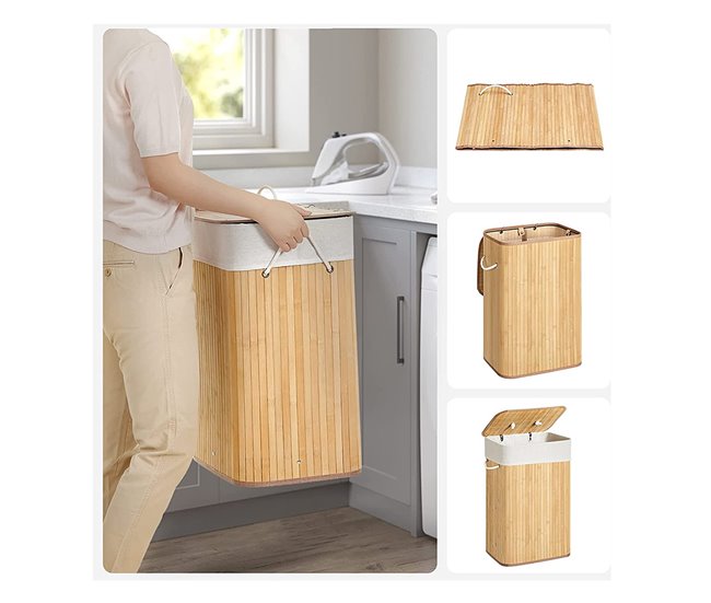 Conforama Acomoda Textil – Cesta De Bambú Plegable Con Tapa Y Asas Para Lavandería 60l De Capacidad. Cesto Grande Organizador Para La Ropa Con Bolsa Extraíble Y Lavable Color Madera 40x30x50 Cm