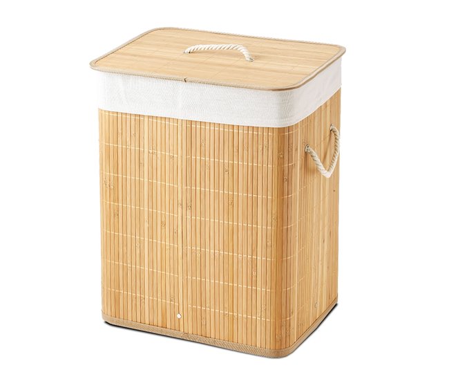 Conforama Acomoda Textil – Cesta de Bambú Plegable con Tapa y Asas para Lavandería 60l de Capacidad. Cesto Grande Organizador para la Ropa con Bolsa Extraíble y Lavable Color Madera 40x30x50 cm