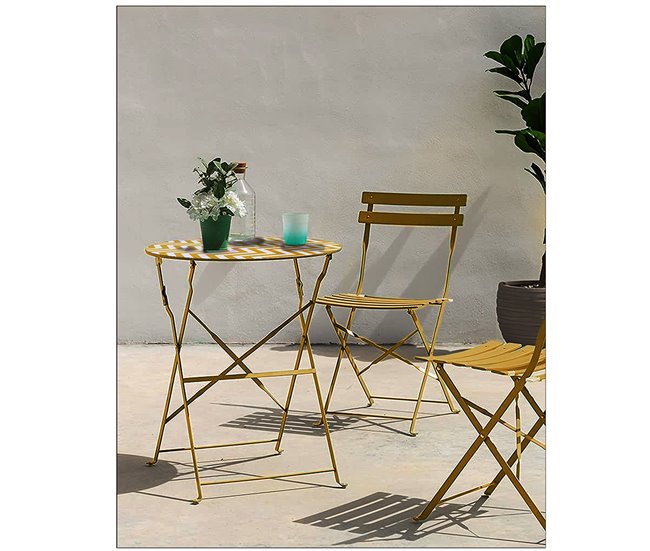 Conforama Acomoda Textil – Conjunto De Mesa Auxiliar Redonda Con 2 Sillas De Metal. Set De Asiento Con Mesita Estable Y Resistente De Exterior Para Jardín Terraza Y Patio. (Amarillo)