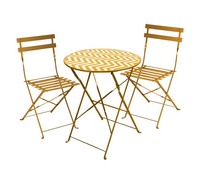 Conforama Acomoda Textil – Conjunto de Mesa Auxiliar Redonda con 2 Sillas de Metal. Set de Asiento con Mesita Estable y Resistente de Exterior para Jardín Terraza y Patio. (Amarillo)