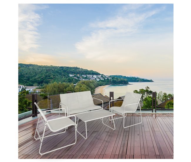 Conforama Acomoda Textil – Conjunto Jardín De Sofá + 2 Sillones + Mesa De Acero Resistente Decorativo Y Ligero. Asiento Para Exterior En Patio Balcón Y Terraza De Fácil Instalación. (Blanco 4 Piezas)