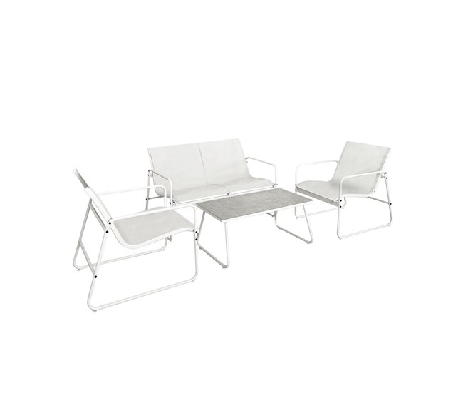 Conforama Acomoda Textil – Conjunto Jardín de Sofá + 2 Sillones + Mesa de Acero Resistente Decorativo y Ligero. Asiento para Exterior en Patio Balcón y Terraza de Fácil Instalación. (Blanco 4 Piezas)