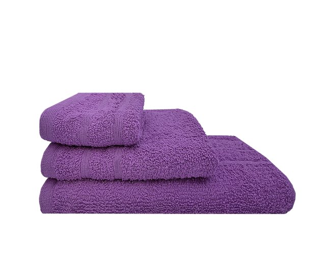 Conforama Acomoda Textil – Juego 3 Toallas de Baño 100 Algodón. Pack 3 Toalla Rizo con Cenefa 450 gr/m2 Toallas de Ducha Lavado y Bidet Suave y Absorbente Para Aseo y Gimnasio. (Morado)