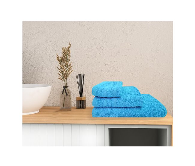Conforama Acomoda Textil – Juego 3 Toallas De Baño 100 Algodón. Pack 3 Toalla Rizo Con Cenefa 450 Gr/m2 Toallas De Ducha Lavado Y Bidet Suave Y Absorbente Para Aseo Y Gimnasio. (Azul)