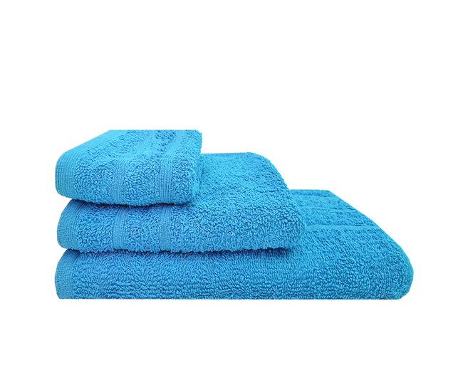 Conforama Acomoda Textil – Juego 3 Toallas de Baño 100 Algodón. Pack 3 Toalla Rizo con Cenefa 450 gr/m2 Toallas de Ducha Lavado y Bidet Suave y Absorbente Para Aseo y Gimnasio. (Azul)