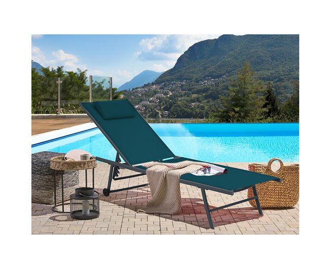 Conforama Acomoda Textil – Tumbona De Jardín Plegable Y Reclinable En 5 Posiciones Con Ruedas. Hamaca Con Cojín Cómoda Y Resistente Para Terraza Camping Y Patio 185x55x32/97 Cm. (Azul Petróleo 1 Ud)