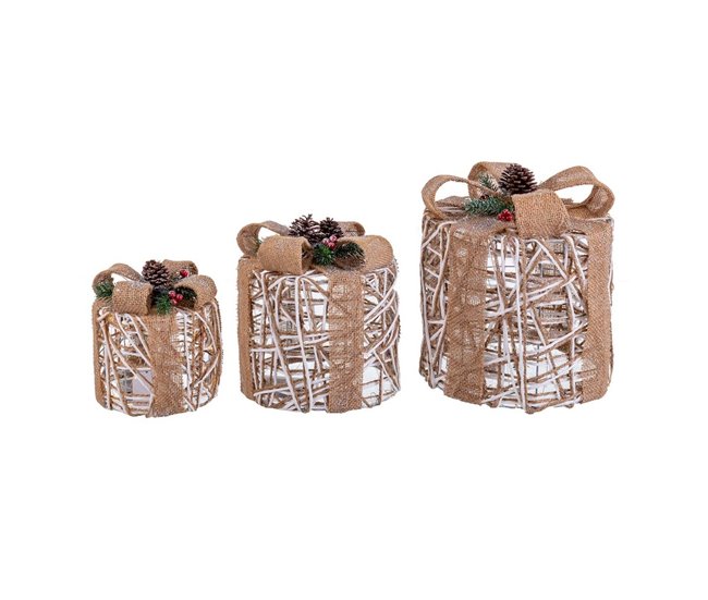 Conforama Adorno Navideño Blanco Natural Metal Plástico Fibra Caja De Regalo 25 x 25 x 35 cm (3 Unidades)