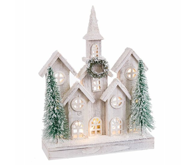 Conforama Adorno Navideño Blanco Verde Madera Plástico Pueblo 30 x 10 x 43 cm