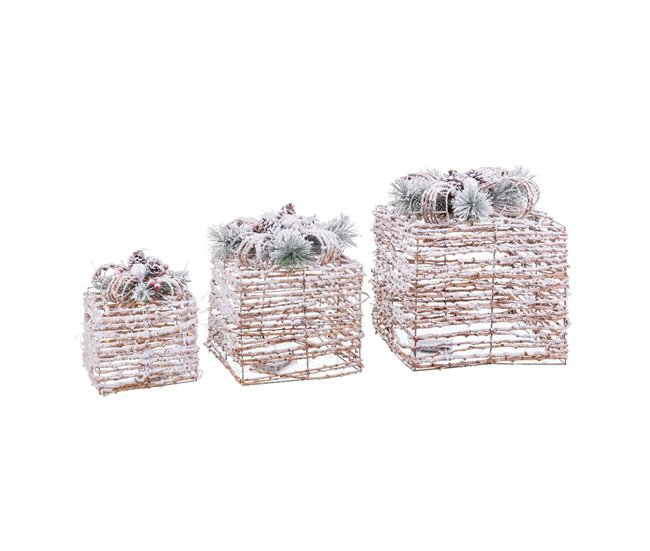 Conforama Adorno Navideño Natural Metal Plástico Fibra Caja De Regalo 25 x 25 x 36 cm (3 Unidades)