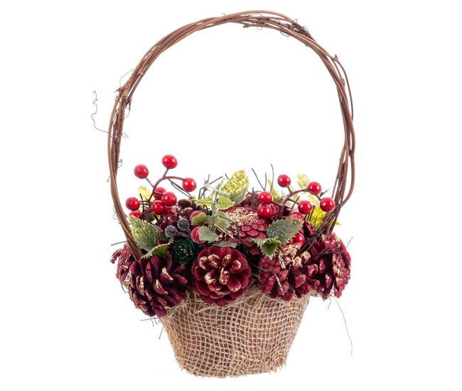 Conforama Adorno Navideño Rojo Multicolor Ratán Plástico Foam Piñas Cesta 21 X 21 X 30 Cm
