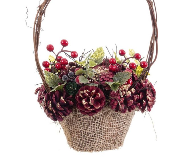 Conforama Adorno Navideño Rojo Multicolor Ratán Plástico Foam Piñas Cesta 21 X 21 X 30 Cm