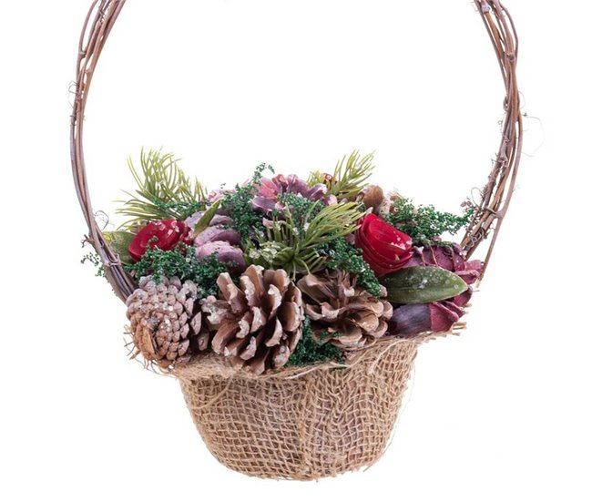 Conforama Adorno Navideño Rojo Multicolor Ratán Plástico Foam Piñas Cesta 21 X 21 X 30 Cm
