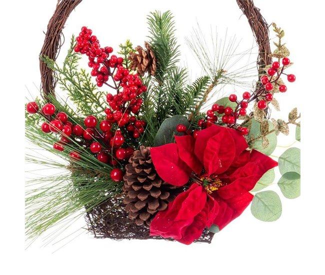 Conforama Adorno Navideño Rojo Multicolor Ratán Plástico Piñas Cesta 43 18 Cm