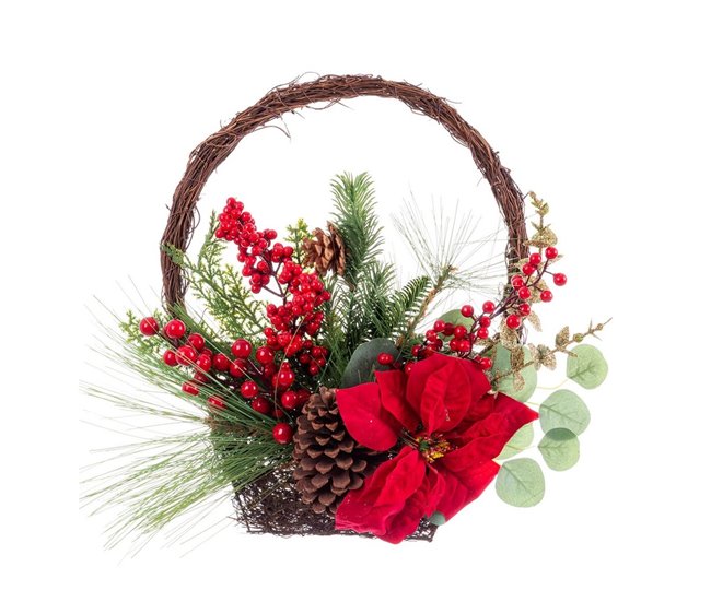 Conforama Adorno Navideño Rojo Multicolor Ratán Plástico Piñas Cesta 43 18 cm