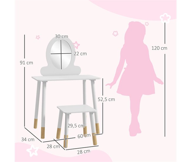 Conforama AIYAPLAY Tocador Para Niñas Con Taburete Tocador De Maquillaje Para Niñas De +3 Años Tocador Infantil Con Espejo Diseño Sencillo Blanco