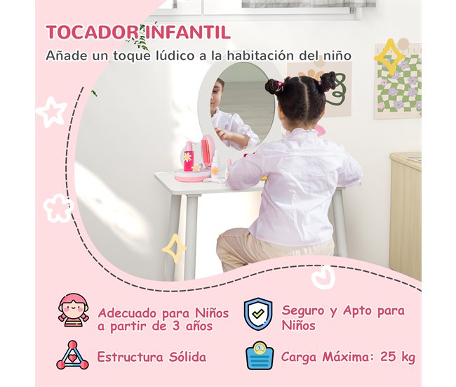 Conforama AIYAPLAY Tocador Para Niñas Con Taburete Tocador De Maquillaje Para Niñas De +3 Años Tocador Infantil Con Espejo Diseño Sencillo Blanco