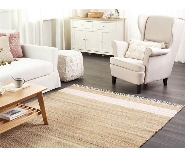 Conforama Alfombra De Yute Beige Claro/natural/rosa Pastel/blanco 160 X 230 Cm MIRZA