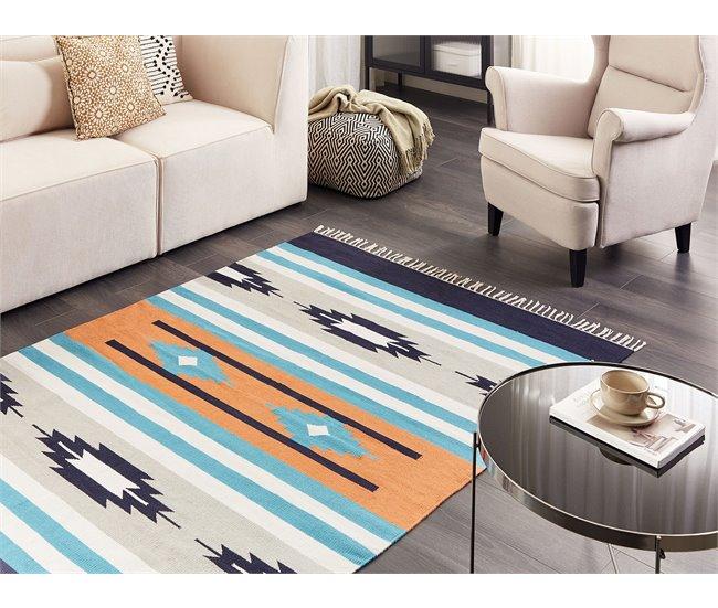 Conforama Alfombra Kilim De Algodón Azul/gris/naranja 140 X 200 Cm NORATUS