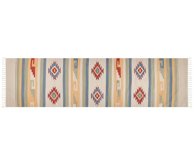 Conforama Alfombra kilim de algodón beige/azul/rojo 80 x 300 cm APARAN