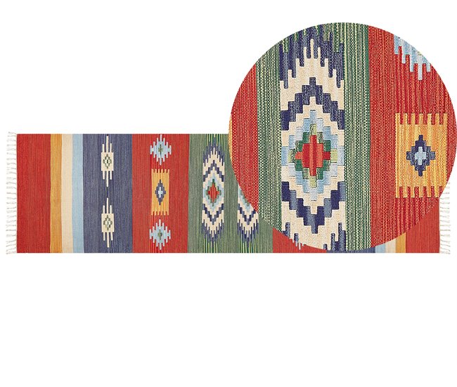 Conforama Alfombra kilim de algodón rojo/azul/verde/amarillo 80 x 300 cm KAMARIS