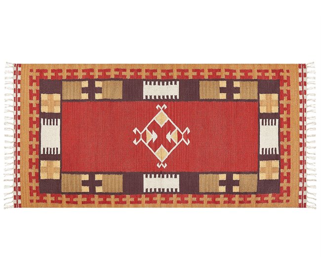 Conforama Alfombra Kilim De Algodón Rojo/marrón/beige 80 X 150 Cm PARAKAR