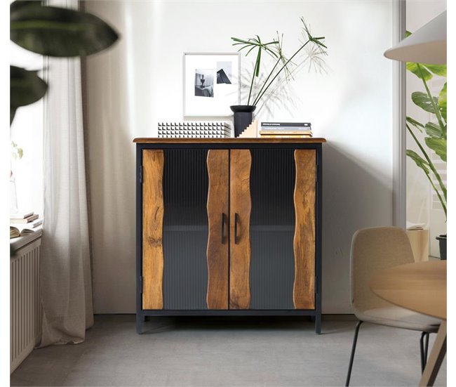 Conforama Aparador 2 Puertas De Estilo Industrial Fabricado En Madera De Mango Y Metal. Color Negro/Marrón De 90x37x87 Cm