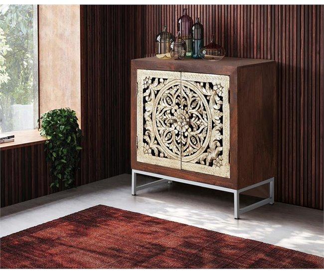 Conforama Aparador 2 Puertas Fabricado En Madera De Mango Las Puertas Están Talladas A Mano Con Base De Metal. Marrón/Dorado De 80x35x80 Cm