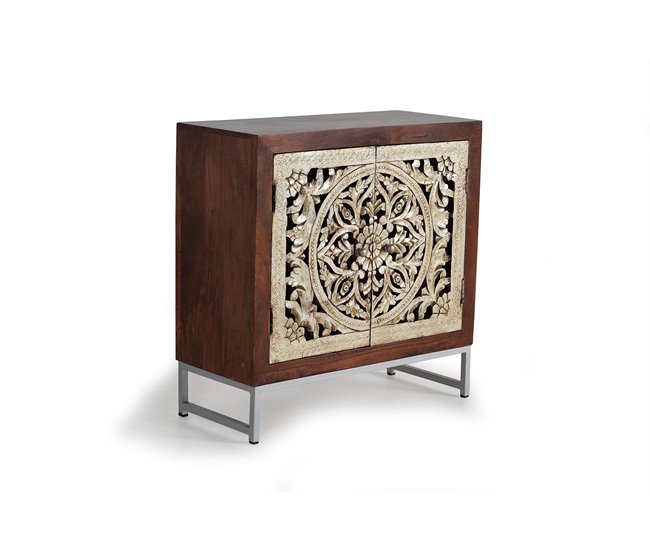Conforama Aparador 2 puertas fabricado en madera de mango las puertas están talladas a mano con base de metal. Marrón/Dorado de 80x35x80 cm