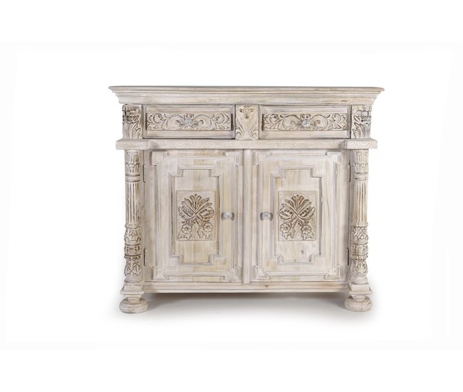 Conforama Aparador 2 Puertas Y 2 Cajones En Madera De Mango Tallado A Mano Y Con Estantes Interiores. Color Blanco De 100x45x120 Cm