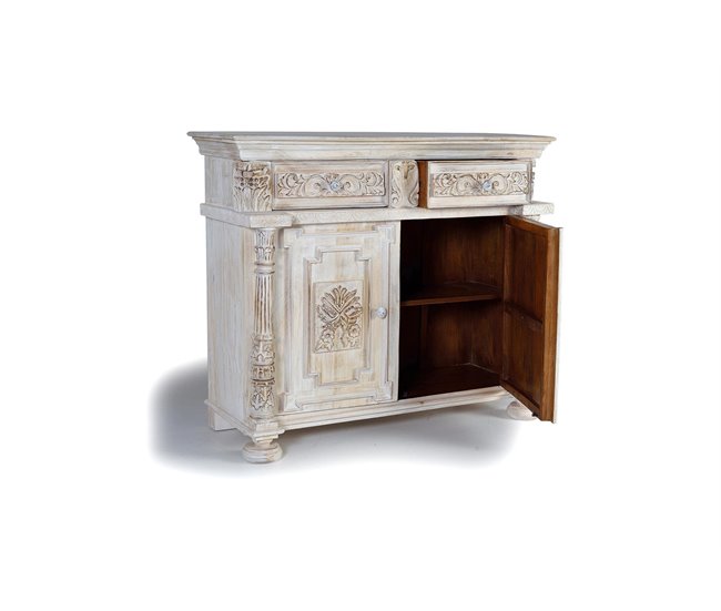 Conforama Aparador 2 Puertas Y 2 Cajones En Madera De Mango Tallado A Mano Y Con Estantes Interiores. Color Blanco De 100x45x120 Cm
