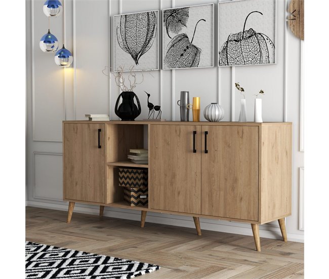 Conforama Aparador 3 Puertas Y 2 Nichos Abiertos Decorado En Madera De Roble L180 Cm - EXXEN