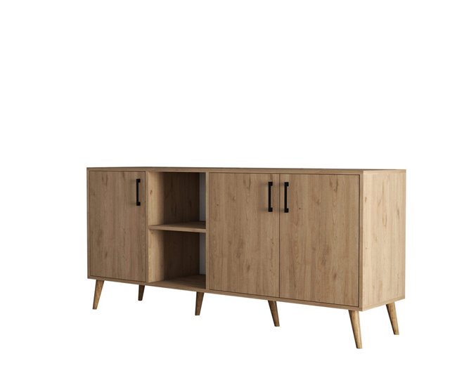 Conforama Aparador 3 puertas y 2 nichos abiertos decorado en madera de roble L180 cm - EXXEN