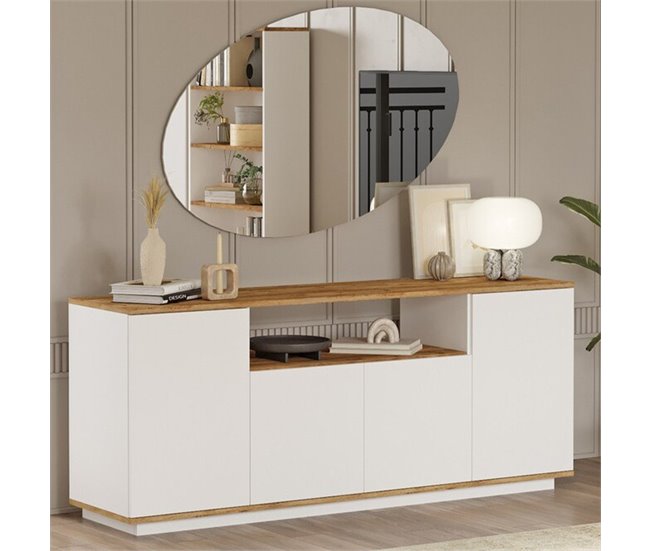Conforama Aparador 4 Puertas 1 Nicho Abierto En El Medio Decorado En Madera De Pino Y Blanco L180 Cm