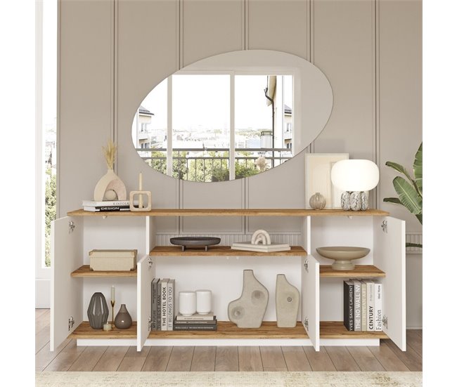 Conforama Aparador 4 Puertas 1 Nicho Abierto En El Medio Decorado En Madera De Pino Y Blanco L180 Cm