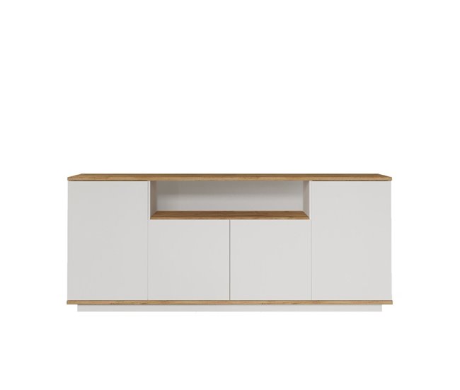 Conforama Aparador 4 puertas 1 nicho abierto en el medio decorado en madera de pino y blanco L180 cm