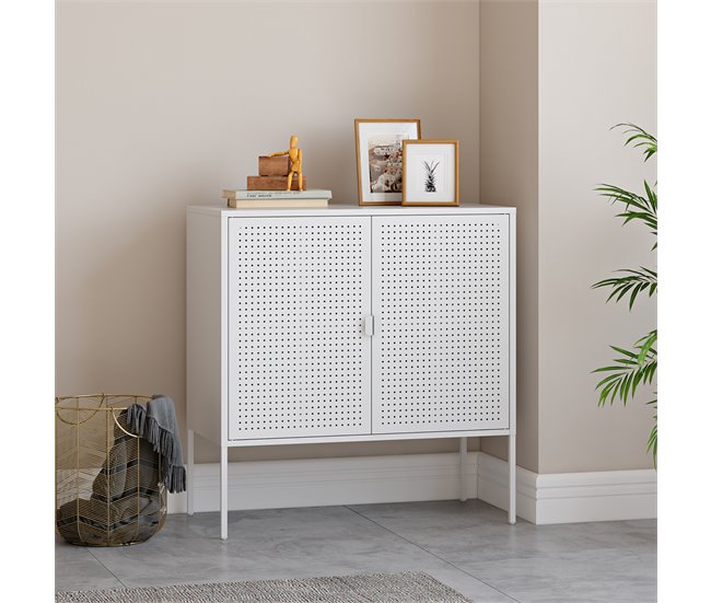 Conforama Aparador Castelli Con 2 Puertas Perforadas Acero 83x80x40cm - Blanco [en.casa]