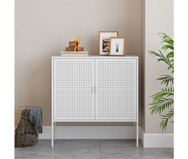 Conforama Aparador Castelli Con 2 Puertas Perforadas Acero 83x80x40cm - Blanco [en.casa]