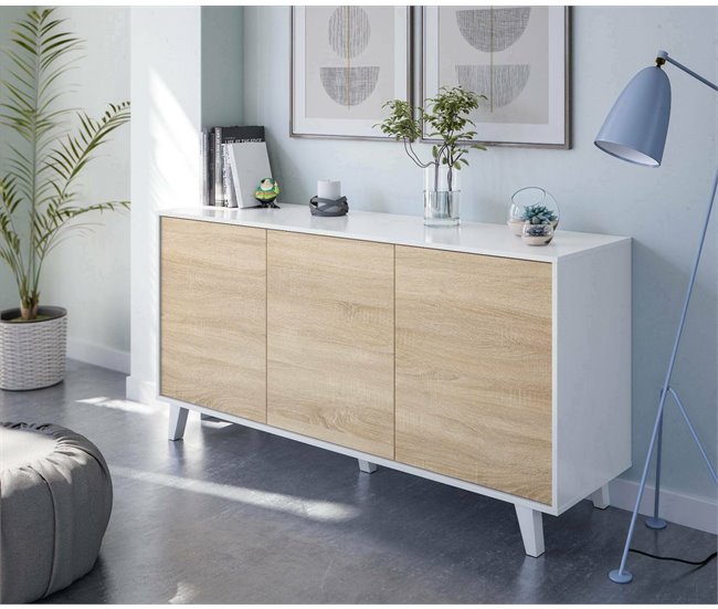 Conforama Aparador Dabello Buffet De Cocina Armario De Diseño Salón Aparador Moderno Con 3 Puertas Y Estantes 154x40h75 Cm Blanco Y Roble