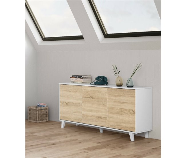 Conforama Aparador Dabello Buffet De Cocina Armario De Diseño Salón Aparador Moderno Con 3 Puertas Y Estantes 154x40h75 Cm Blanco Y Roble
