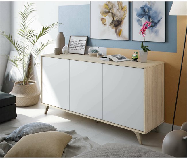 Conforama Aparador Dabello Buffet De Cocina Armario De Diseño Salón Aparador Moderno Con 3 Puertas Y Estantes 154x40h75 Cm Roble Y Blanco