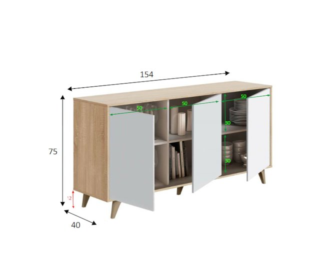 Conforama Aparador Dabello Buffet De Cocina Armario De Diseño Salón Aparador Moderno Con 3 Puertas Y Estantes 154x40h75 Cm Roble Y Blanco