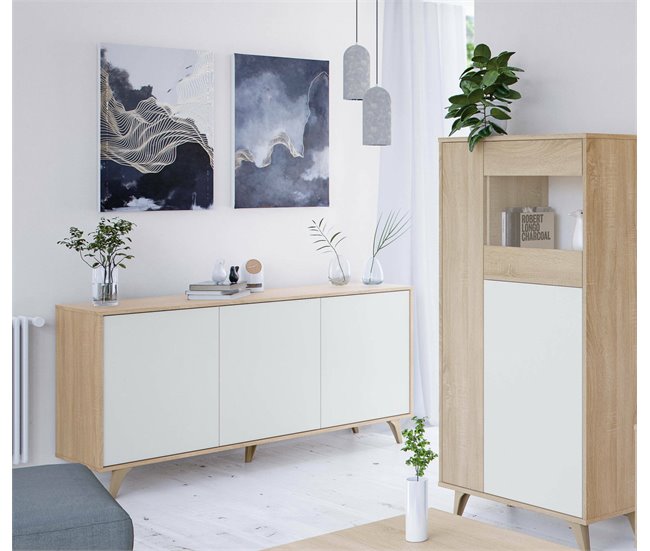 Conforama Aparador Dabello Buffet De Cocina Armario De Diseño Salón Aparador Moderno Con 3 Puertas Y Estantes 154x40h75 Cm Roble Y Blanco