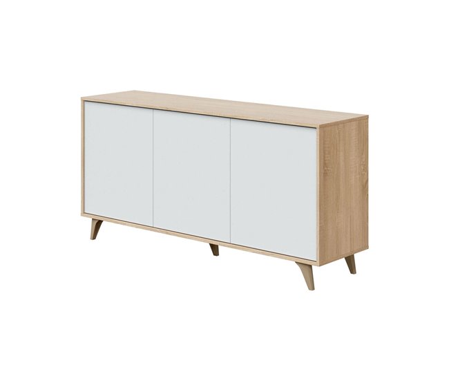 Conforama Aparador Dabello Buffet de cocina Armario de diseño salón Aparador moderno con 3 puertas y estantes 154x40h75 cm Roble y Blanco