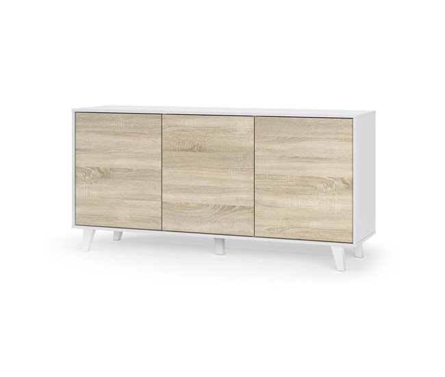 Conforama Aparador Dabello Buffet de cocina Armario de diseño salón Aparador moderno con 3 puertas y estantes 154x40h75 cm Blanco y Roble