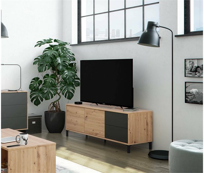 Conforama Aparador Daca Buffet De Salón Mueble TV Aparador Con Pies Para Salón Armario Moderno Con 2 Puertas 130x41h47 Cm Roble Anudado Y Antracita