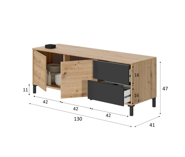 Conforama Aparador Daca Buffet De Salón Mueble TV Aparador Con Pies Para Salón Armario Moderno Con 2 Puertas 130x41h47 Cm Roble Anudado Y Antracita