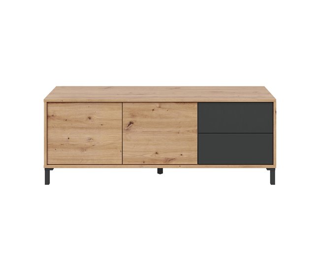 Conforama Aparador Daca Buffet de salón Mueble TV Aparador con pies para salón Armario moderno con 2 puertas 130x41h47 cm Roble anudado y Antracita