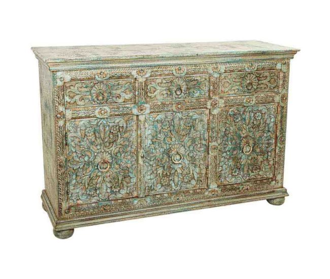 Conforama Aparador de madera tallada verde 147x45x96