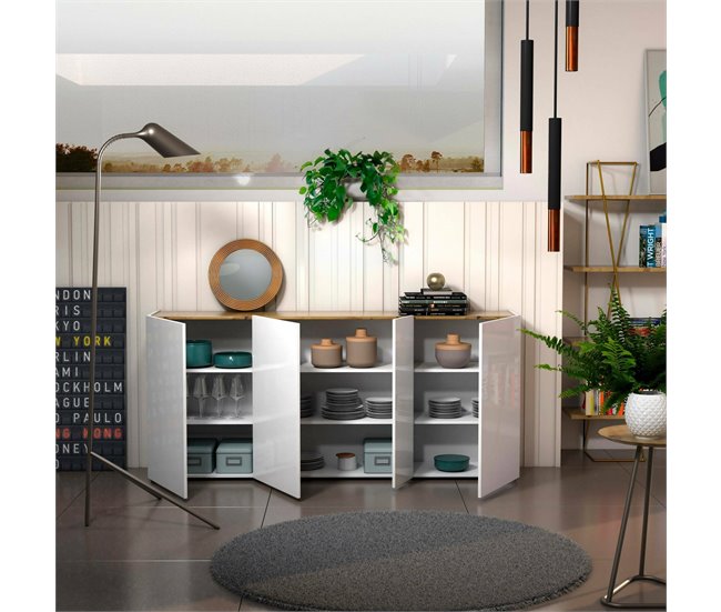 Conforama Aparador Dgasparin Bufé De Salón Aparador De Salón Despensa De Cocina Made In Italy 203x40h92 Cm Blanco Brillante Y Roble